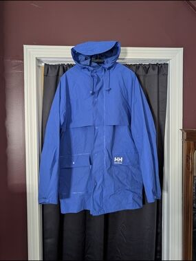 Helly Hansen Men's Logo Print Cargo Blue Hooded Rain Coat Parka Jacket M